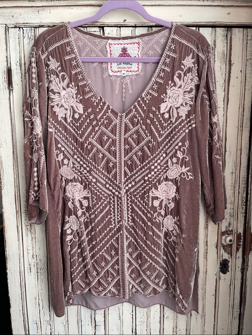 Johnny Was Embroidered Velvet V-Neck Women's Top in Mauve